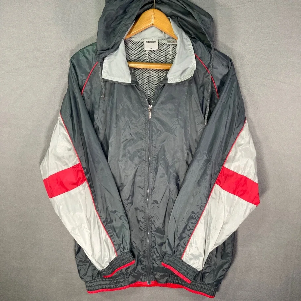 Citi‎ Slicka XL Mens Gray Red White Nylon Hooded Windbreaker Jacket. VTG 90s Y2K